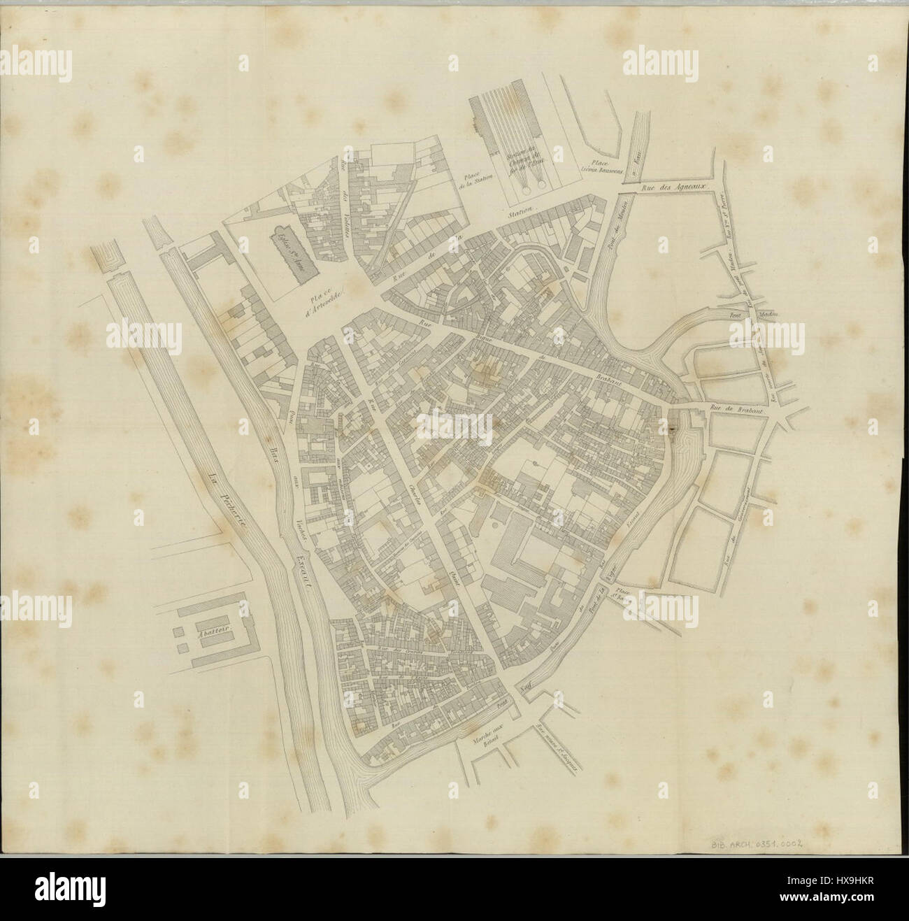 Une carte historique du centre de Gand, montrant la rue Charles Quint et ses environs. La carte donne un aperçu de l'aménagement urbain de cette ville belge au XIXe siècle. Banque D'Images