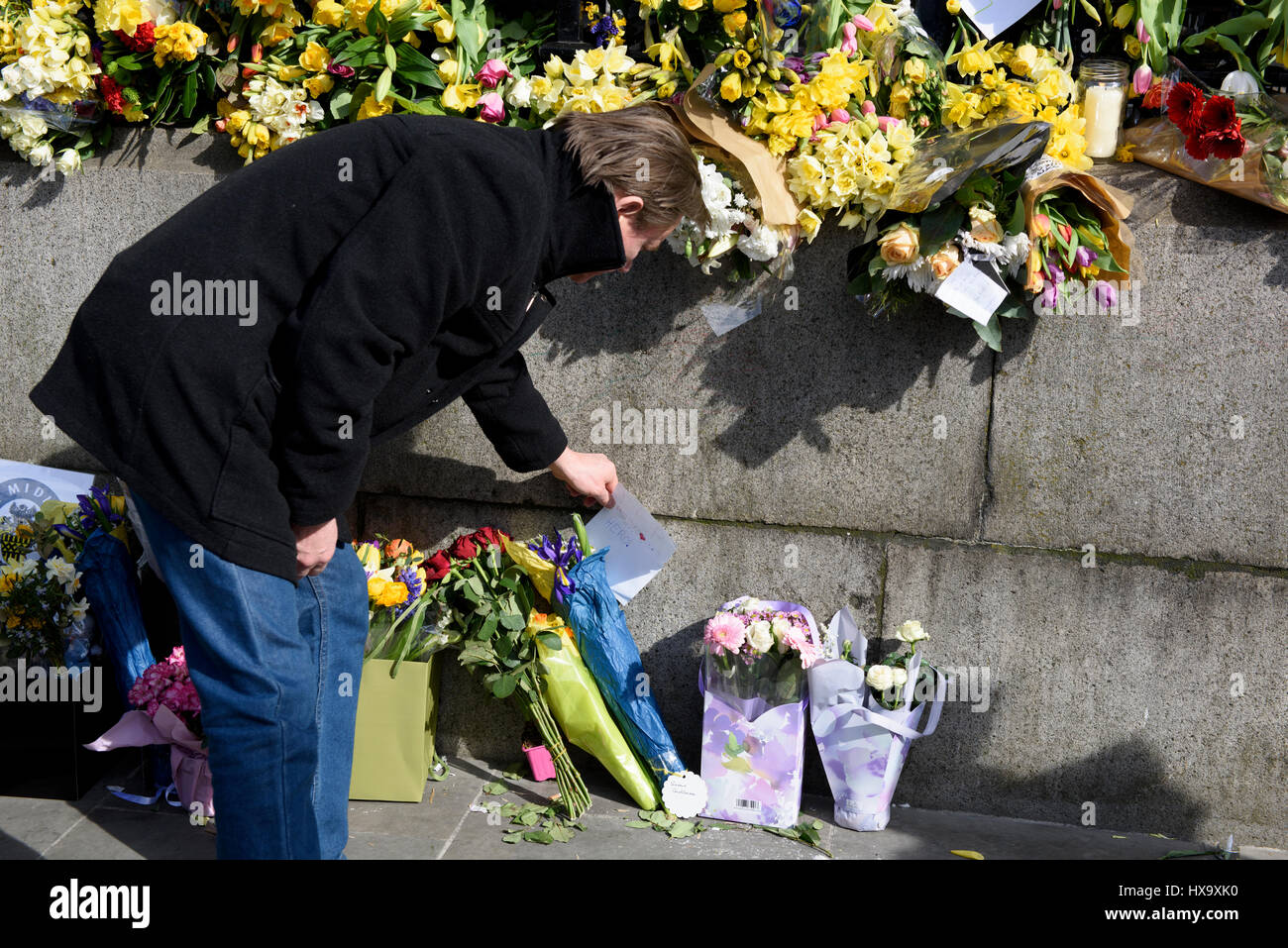 25 Mar 2017. Les gens quittant tributs floraux et des messages pour l'attaque terroriste de Westminster victimes au cours de l'unir pour l'Europe de mars à Londres, Royaume-Uni. Banque D'Images