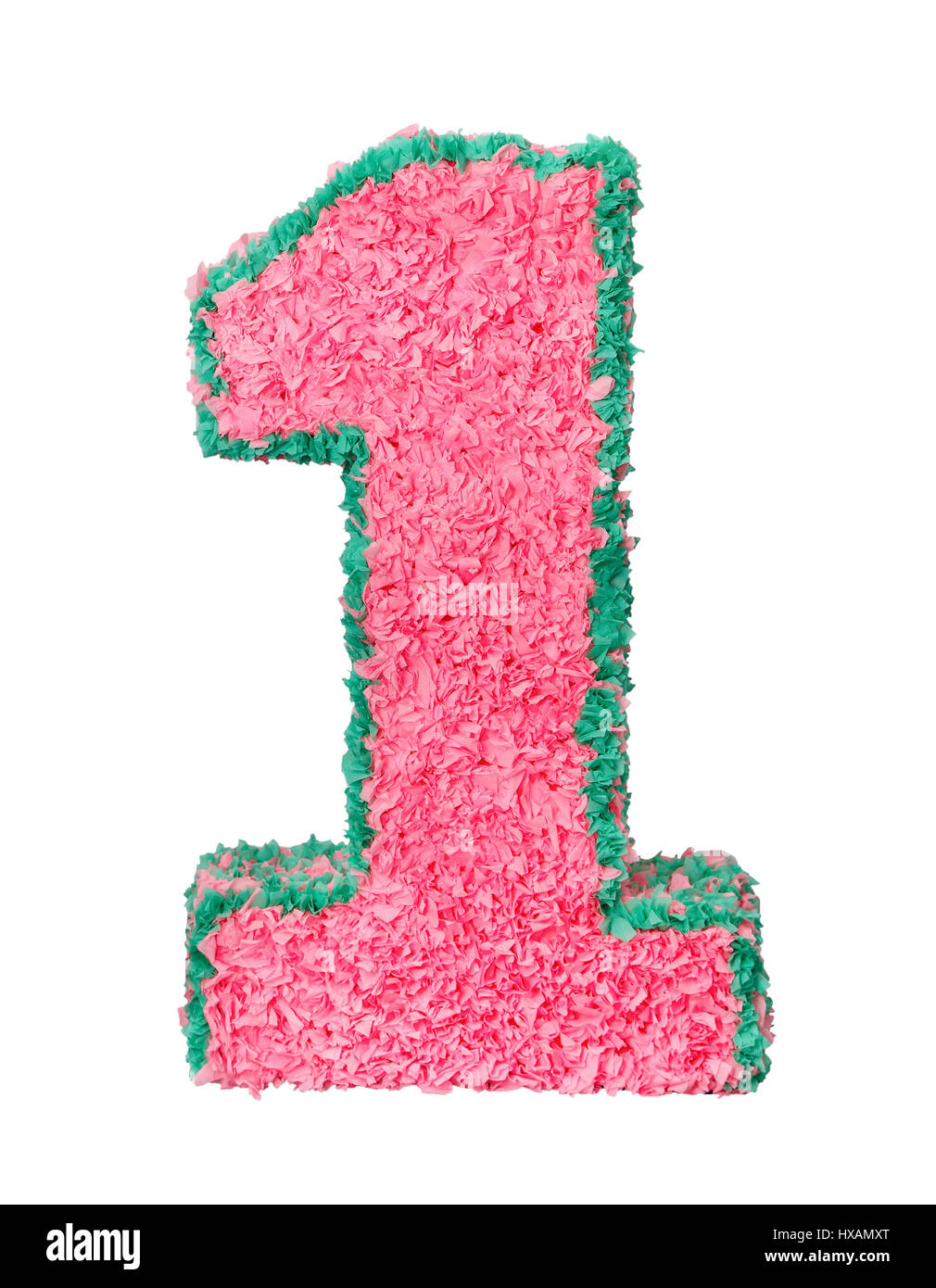 L'un des chiffres de couleur rose en papier mâché isolé sur fond blanc Banque D'Images