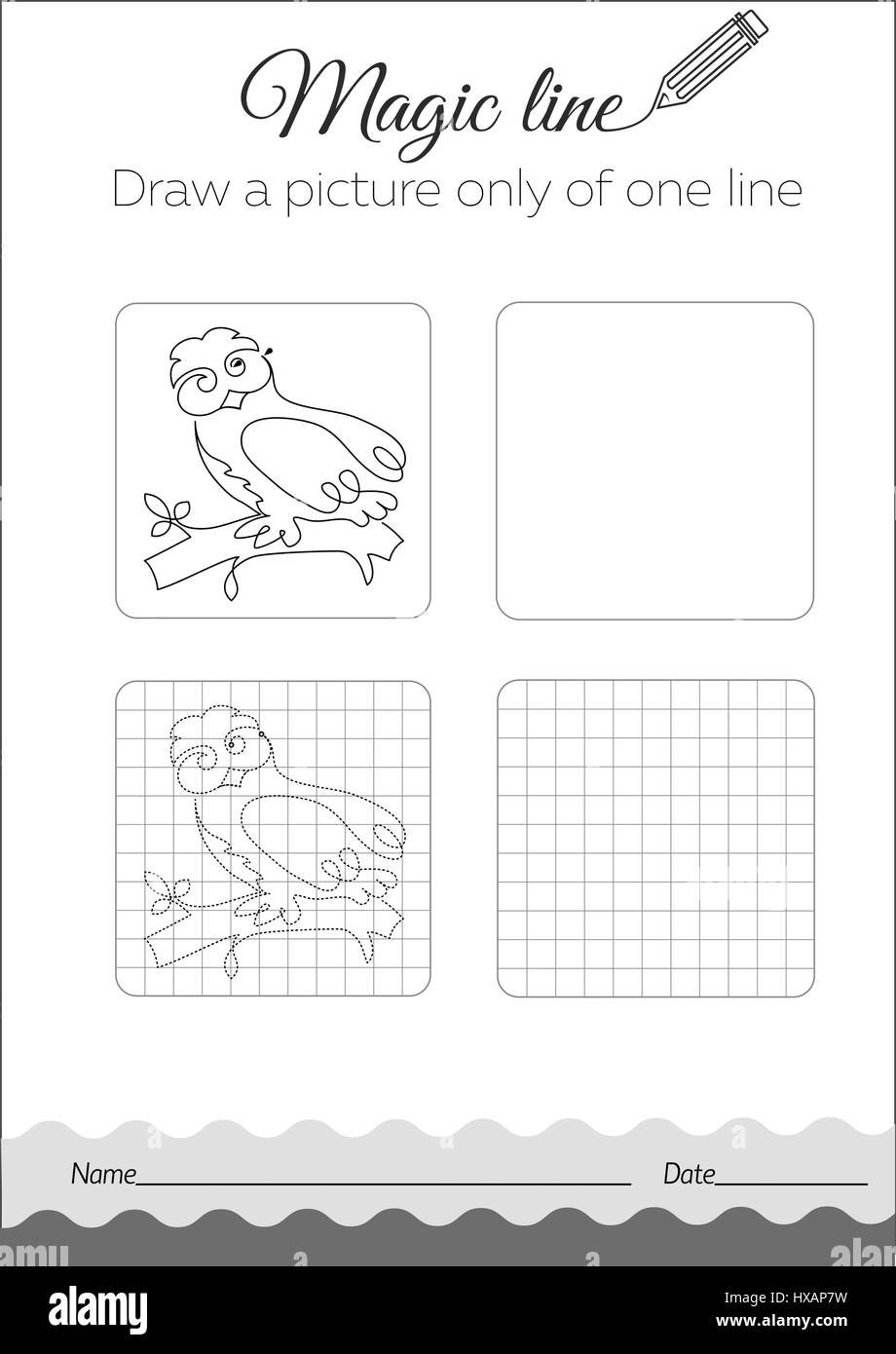 Livre сoloring noir et blanc pour les enfants. Coloring Book l'éducation. Tâche : Faire une photo que de une ligne owl Illustration de Vecteur