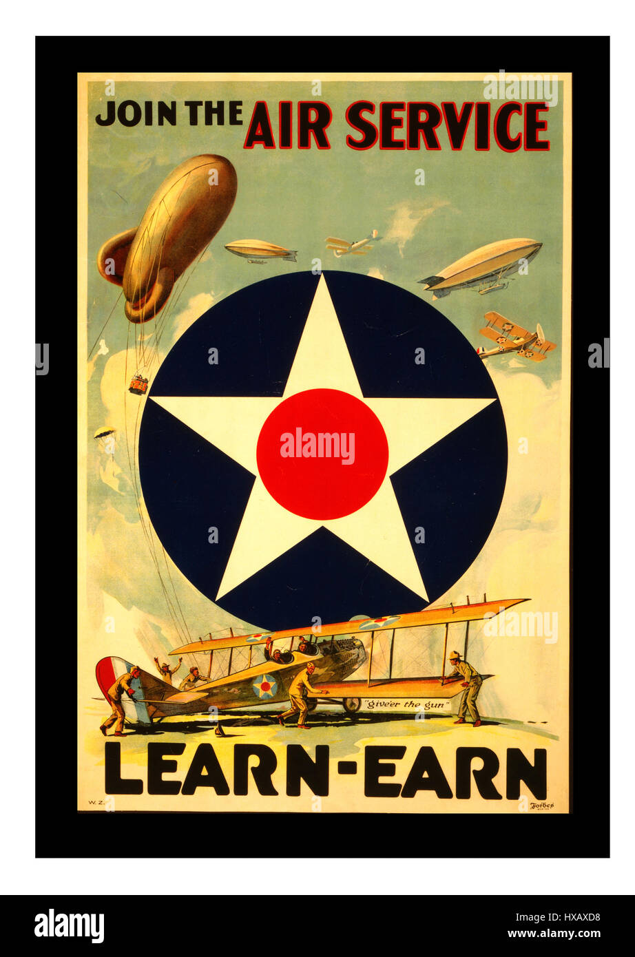 Années 1900 Vintage American recrutement USA PREMIÈRE GUERRE MONDIALE LA PREMIÈRE GUERRE MONDIALE Poster Poster : Inscrivez-vous l'Air Service Learn-Earn Banque D'Images