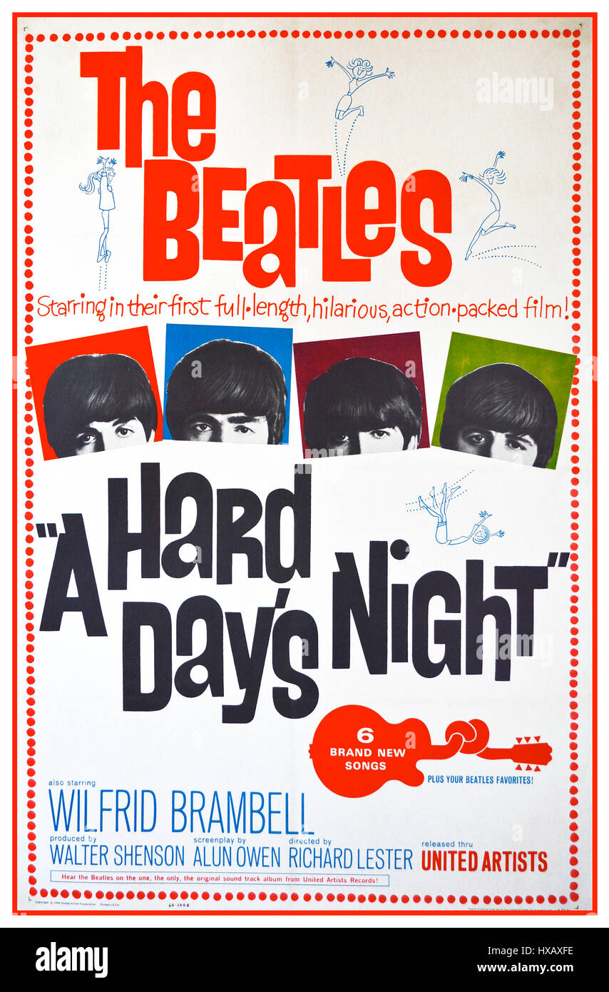 1960 LES BEATLES Vintage movie poster "une dure journée de nuit' 1964 - Indie film / Comédie Musique Banque D'Images