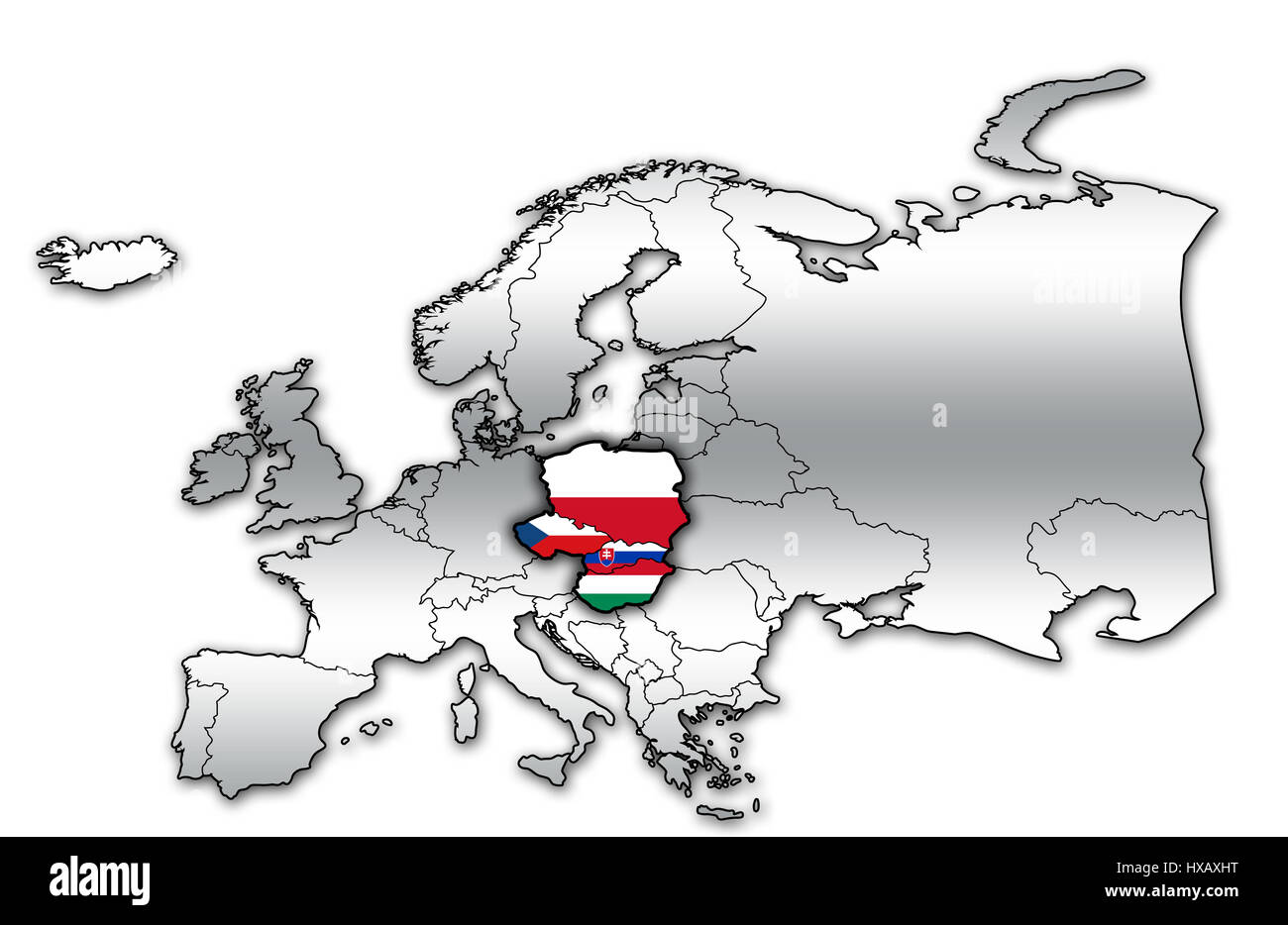 Carte politique de l'Europe avec des drapeaux de pays membre de groupe de Visegrad Banque D'Images