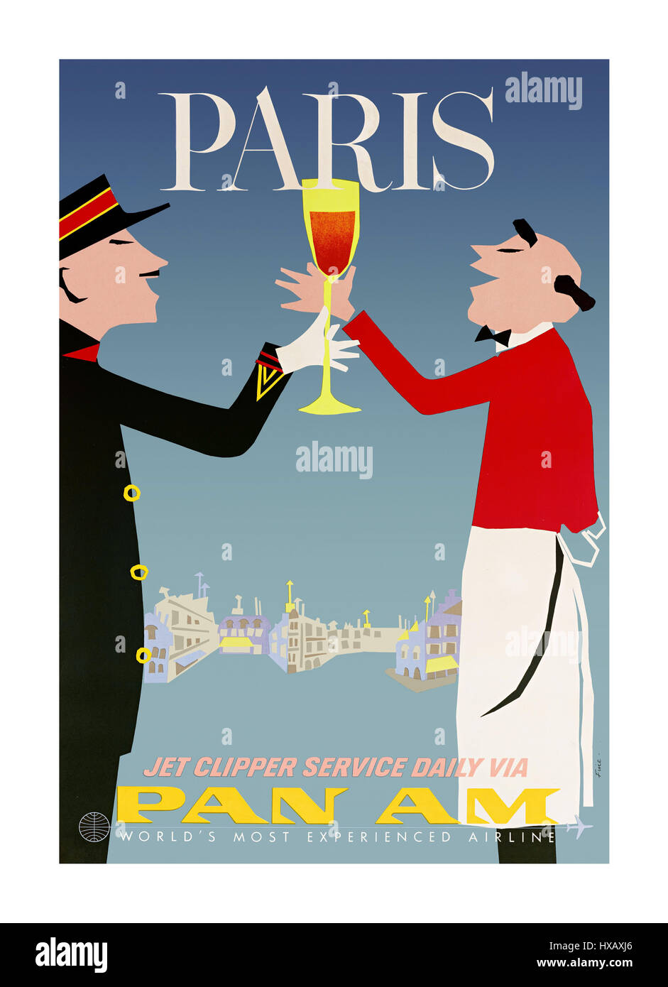 Retro Vintage des années 60, l'affiche de la compagnie aérienne Pan Am Clipper jet promotion voyage à Paris France Banque D'Images