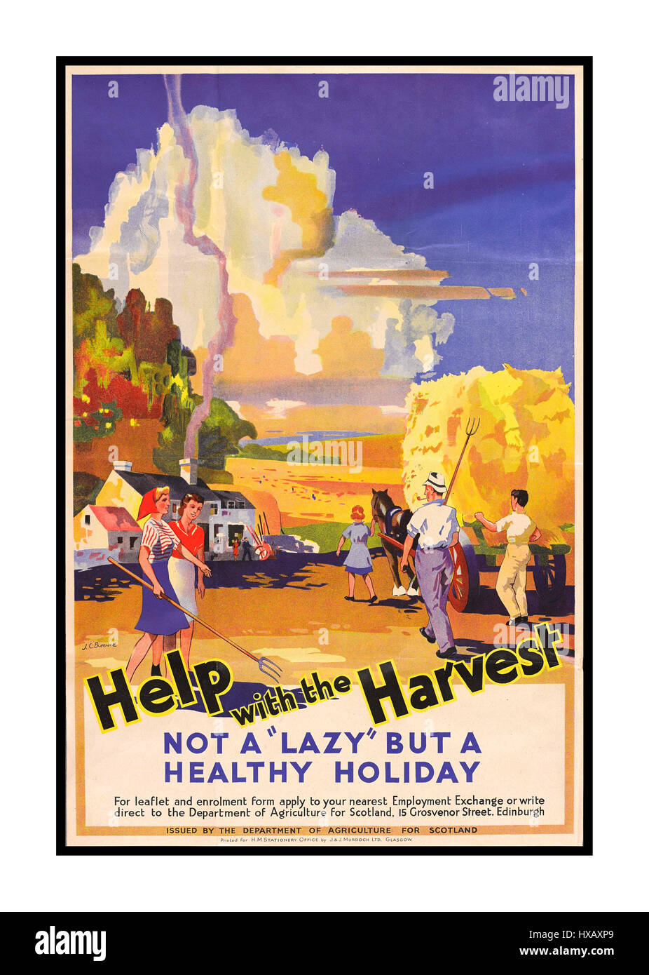 La récolte alimentaire affiche de propagande Vintage WW2 avec l'aide 'Harvest' Ecosse de guerre pendant la récolte de la propagande de l'affiche pour une saine pas paresseux maison de vacances Banque D'Images