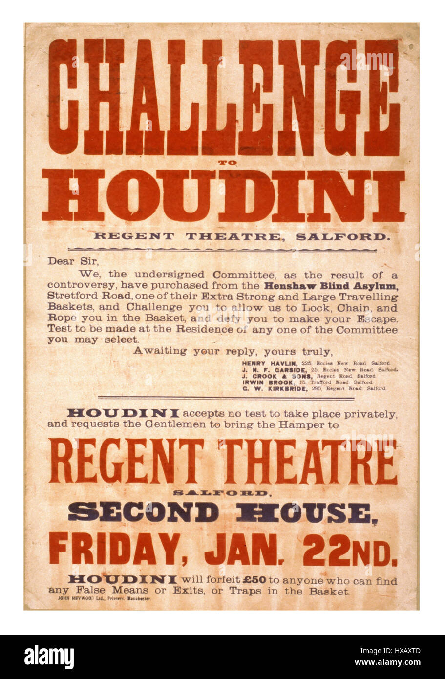 "Défi d'Houdini" Théâtre Vintage poster 1900 Regent Theatre Salford UK Affiche annonçant le célèbre magicien Harry Houdini et escapologist Banque D'Images
