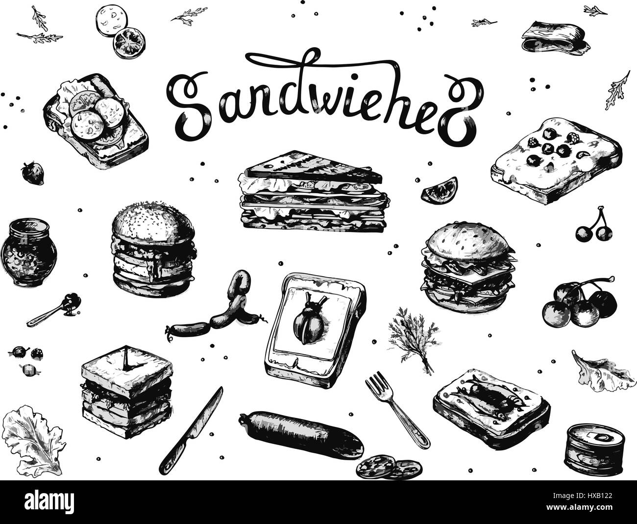 Vector illustration d'un sketch sur un thème d'une collation légère, restauration rapide, des sandwiches. Fait à la main en noir et blanc. Isolé sur fond blanc Illustration de Vecteur