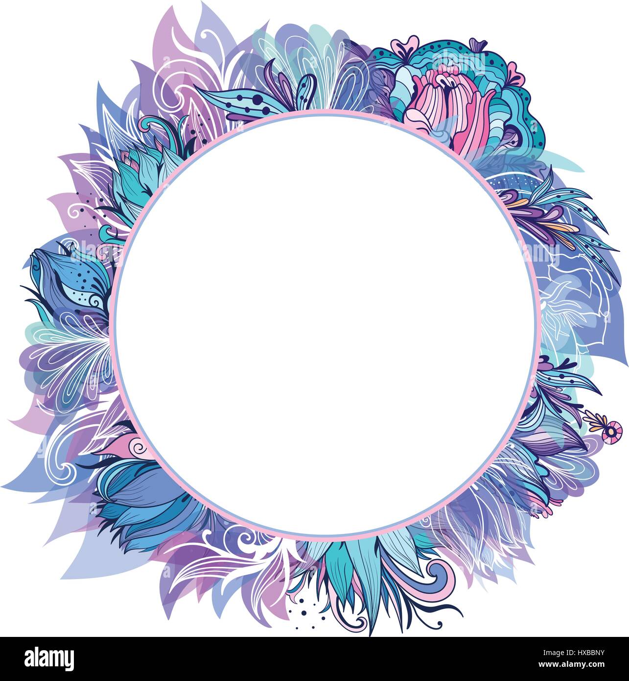 Châssis circulaire avec blue and purple lotus, Lily et croquis de la pivoine fleurs ornementales d'invitation de mariage et la conception de cartes Illustration de Vecteur