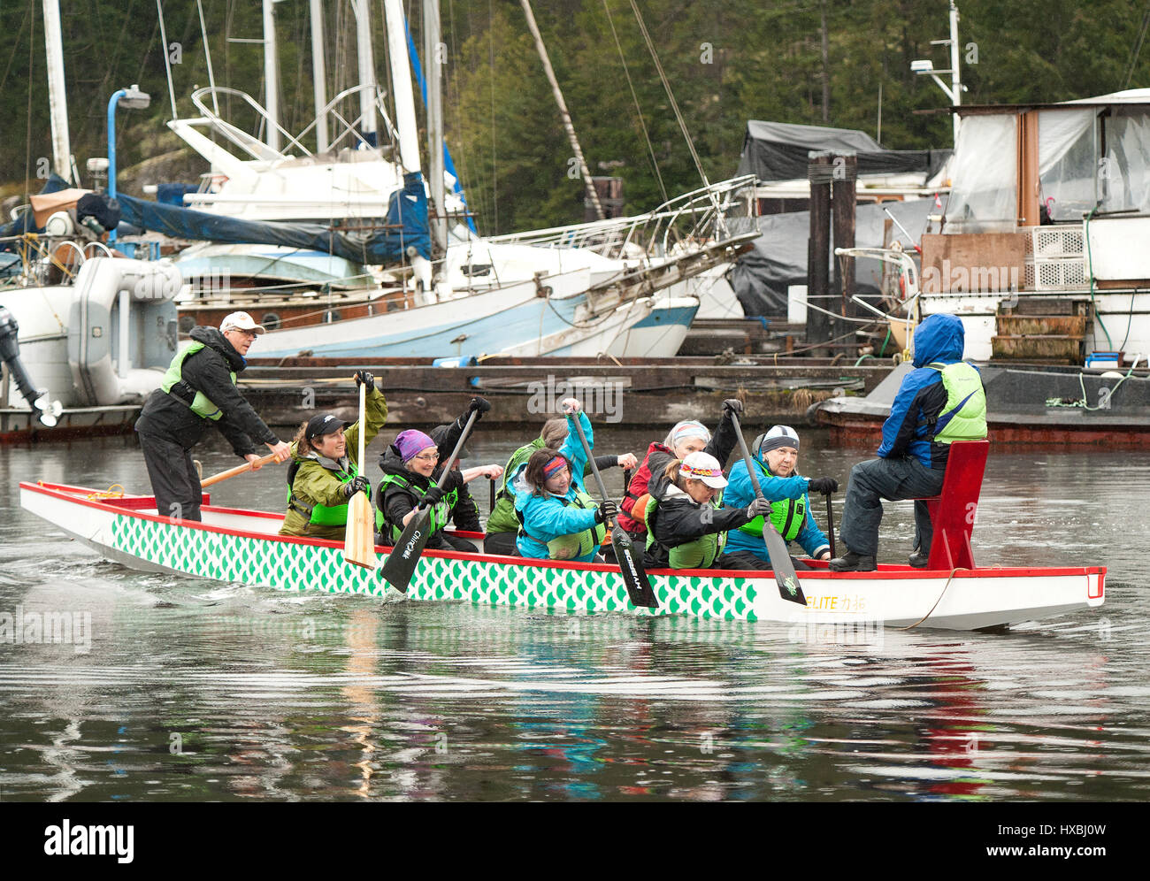 Les membres du Dragon Boat Society Squamish aller pagayer dans le bras mort Mamquam. Squamish BC, Canada Banque D'Images