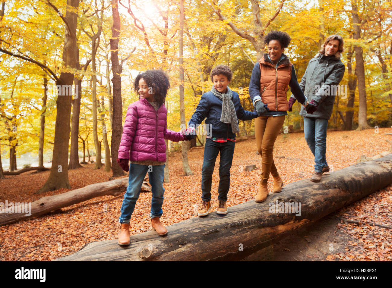Young family walking on log in autumn woods Banque D'Images