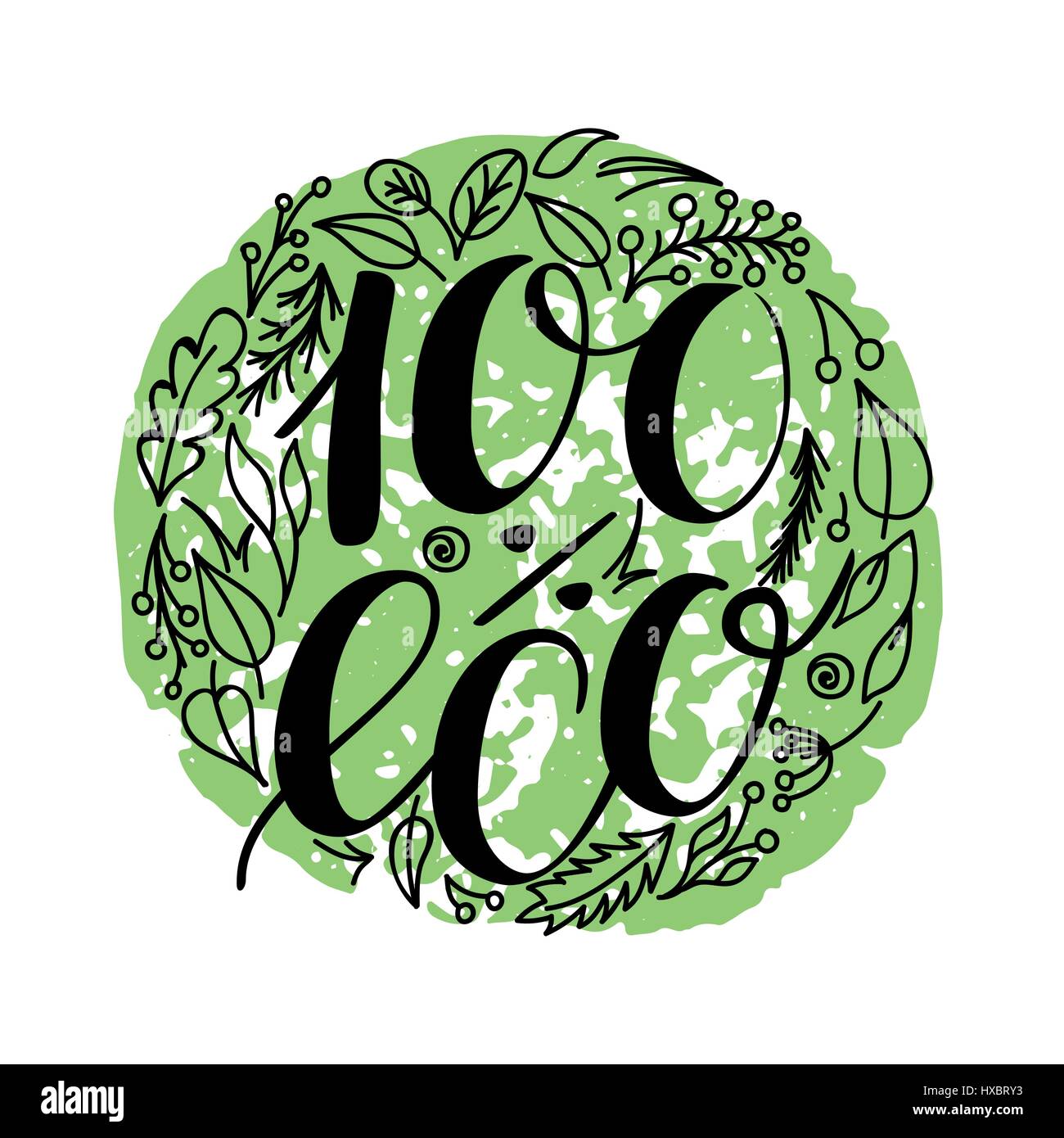 100 pour cent des aliments eco icônes de menu. Lettrage sur la composition écrite par main green isolated on white. Vector illustration. Illustration de Vecteur