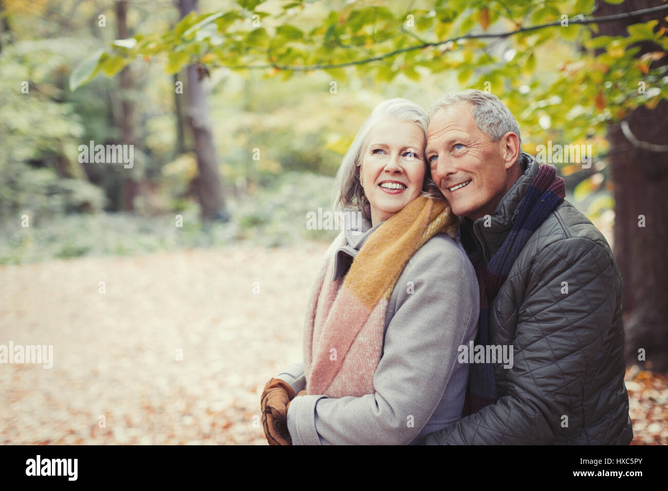 Happy senior couple hugging in autumn park Banque D'Images