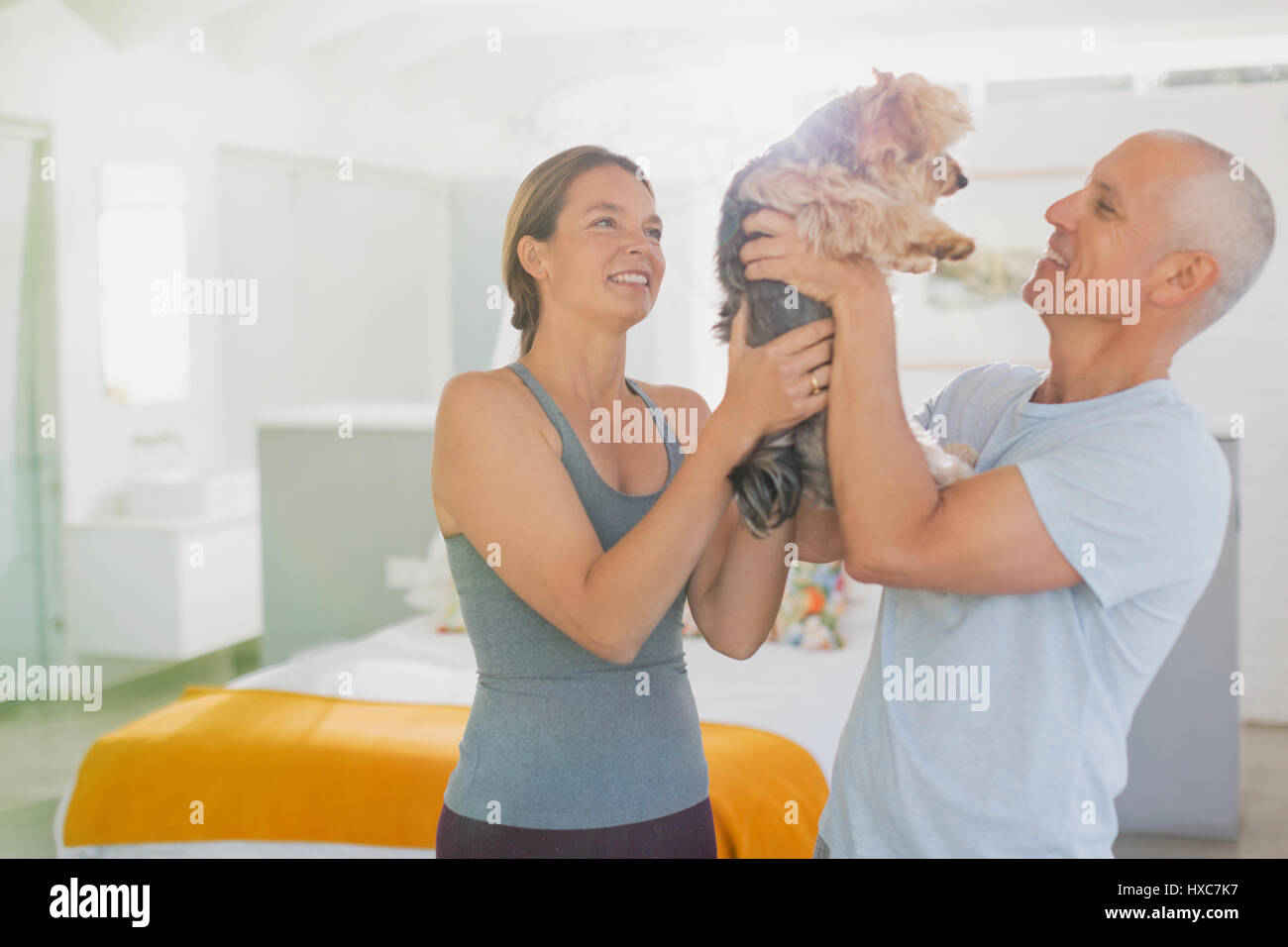 Mature couple Playing with dog Banque D'Images