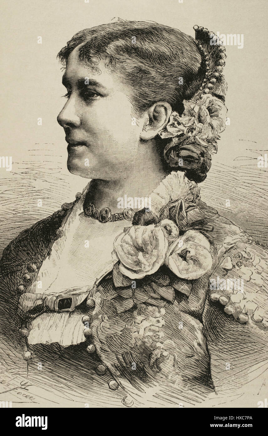 Bianca Donadio (Fanny Marie Gabrielle Dieudonné ou Blanche Dieudonné), (ca. 1853). Période d'activité (1873-1887). La soprano française. Portrait. Gravure par Arturo Carretero. "Almanaque de La Ilustración', 1884. Banque D'Images