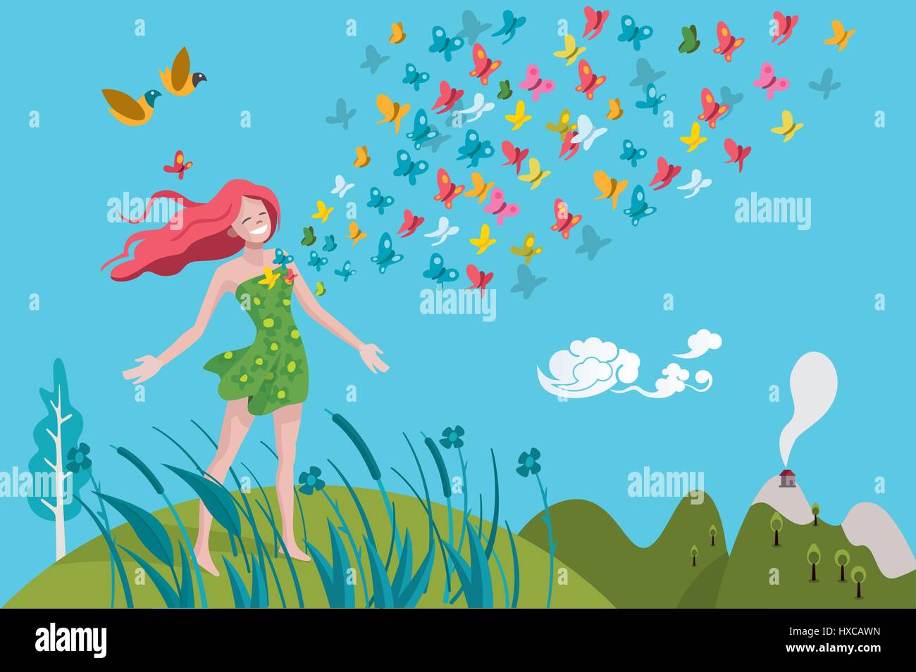 Femme en bonne santé de respirer dans un parc naturel et Paysage de printemps. Papillons colorés sortir de sa poitrine. Elle est très heureux et plein de vitalité. Illustration de Vecteur