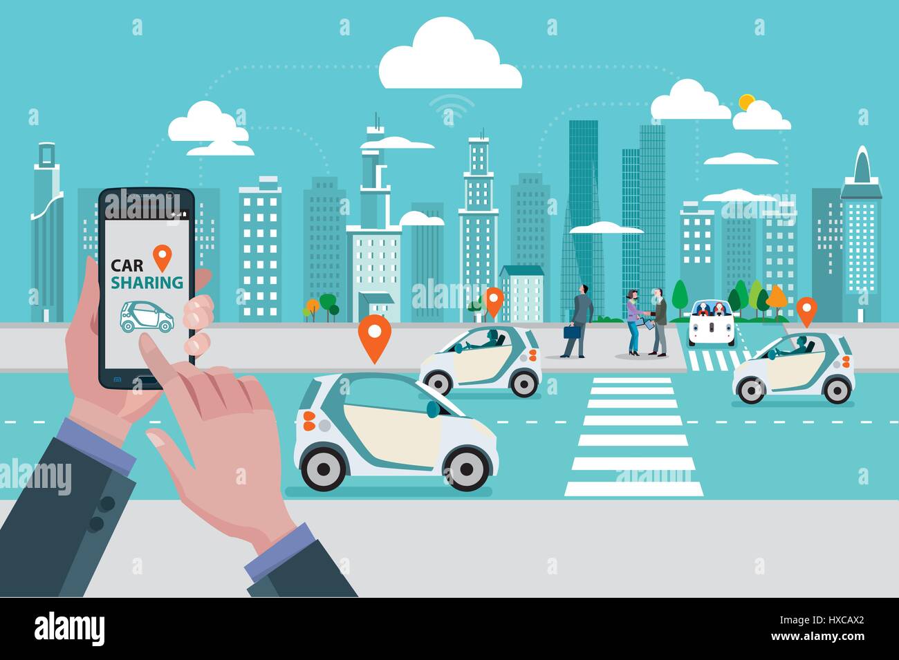 Les mains de l'homme avec un téléphone intelligent avec une application de partage de voiture. Routes avec des voitures d'auto-partage et les gens qui marchent dans la rue. Dans l'arrière-plan Skyline skyscra Illustration de Vecteur