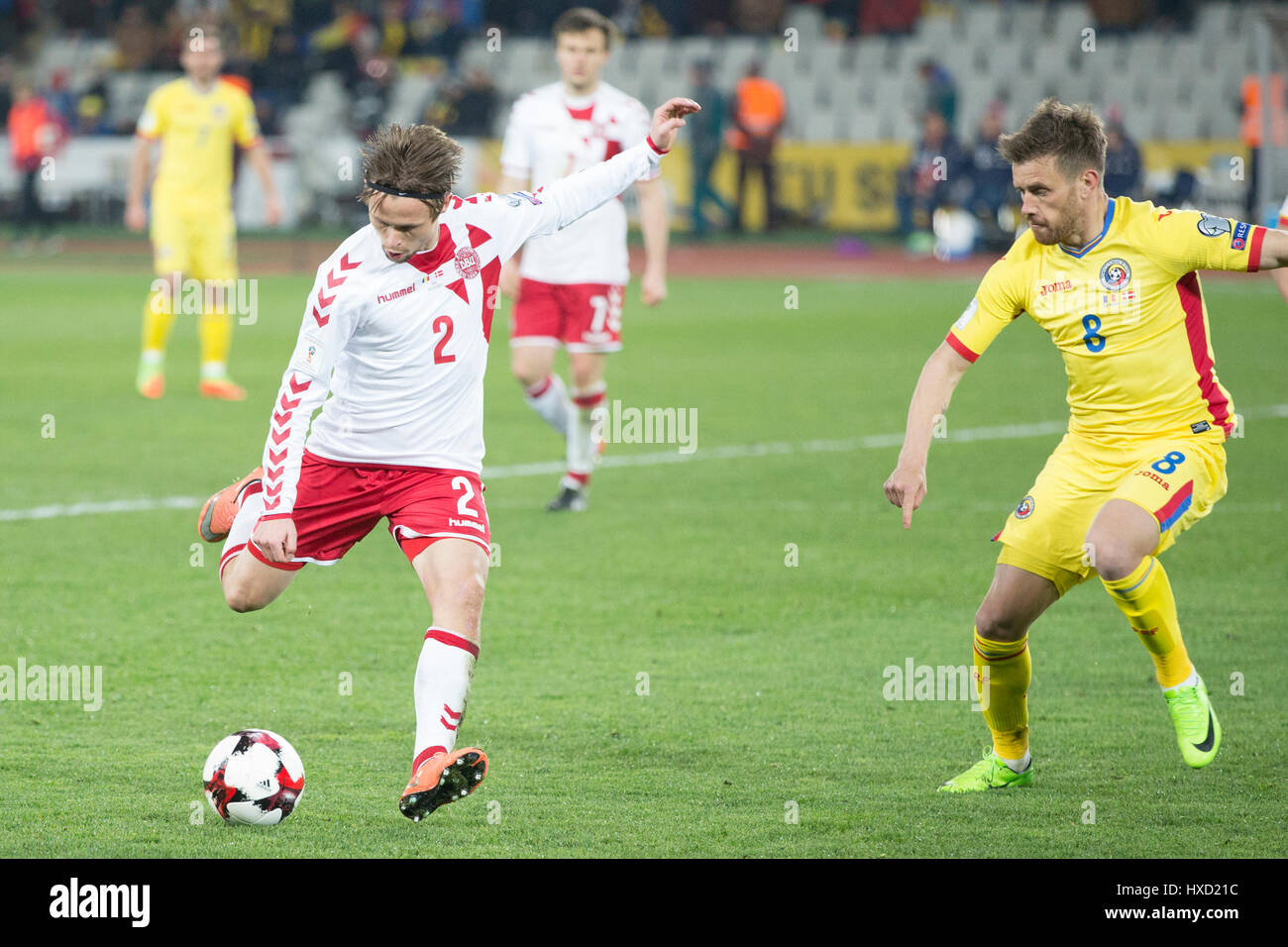 26 mars 2017 : Peter Ankersen (2) Le Danemark et Mihai Pintilii (8) Roumanie durant la campagne de qualification pour la Coupe du Monde 2018 match entre la Roumanie et le Danemark à Cluj Arena, Cluj Napoca, Roumanie ROU. Foto : Cronos/Manases Sandor Banque D'Images