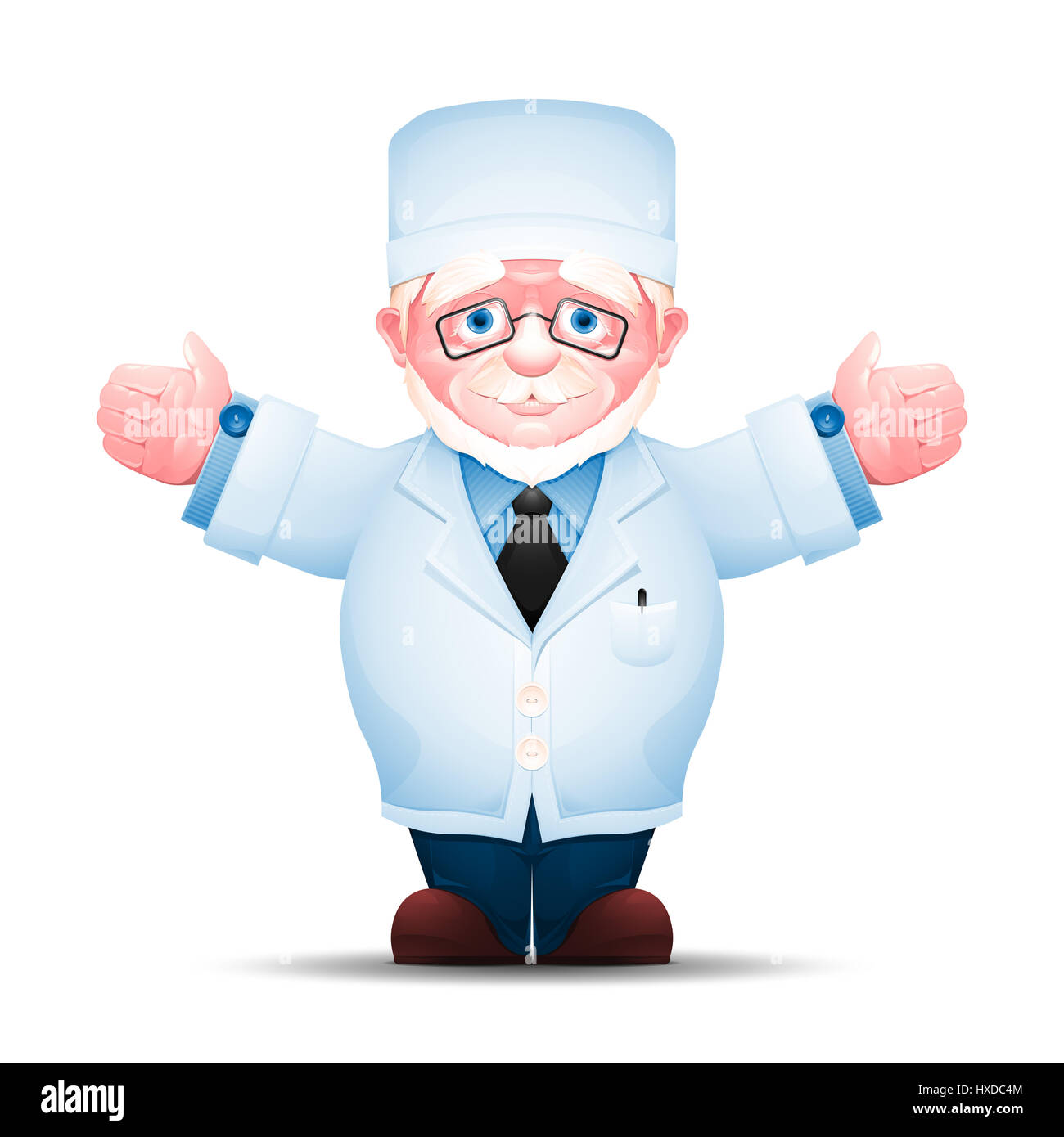 Personnes âgées travailleur médical étendit ses mains pour les deux parties. Portrait en pied de man en sarrau blanc isolé sur fond blanc. Banque D'Images
