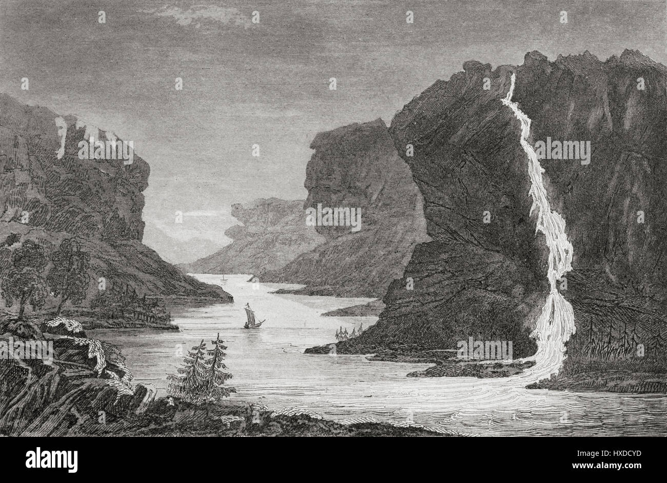 La Norvège, rivière Alten et Pursoronka Cascade. 19ème siècle gravure sur acier par Lemaitre direxit et de Cholet. Banque D'Images