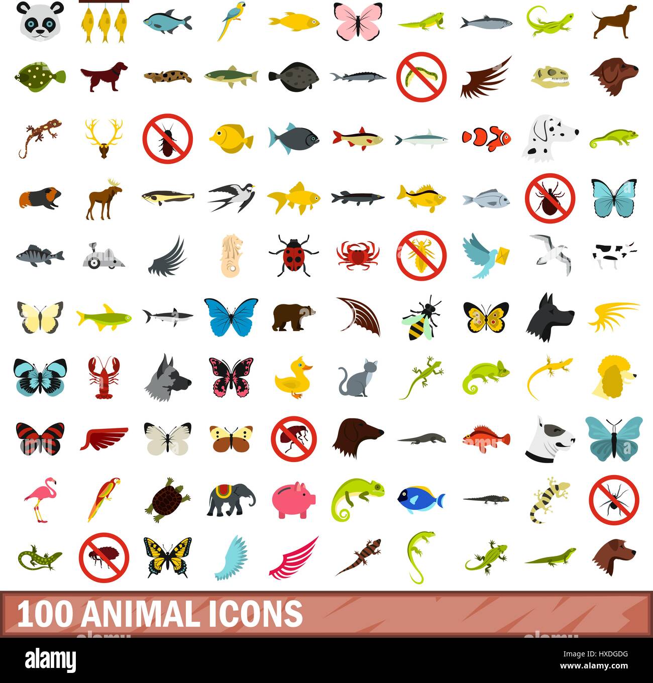 100 icons set animaux, style plat Illustration de Vecteur