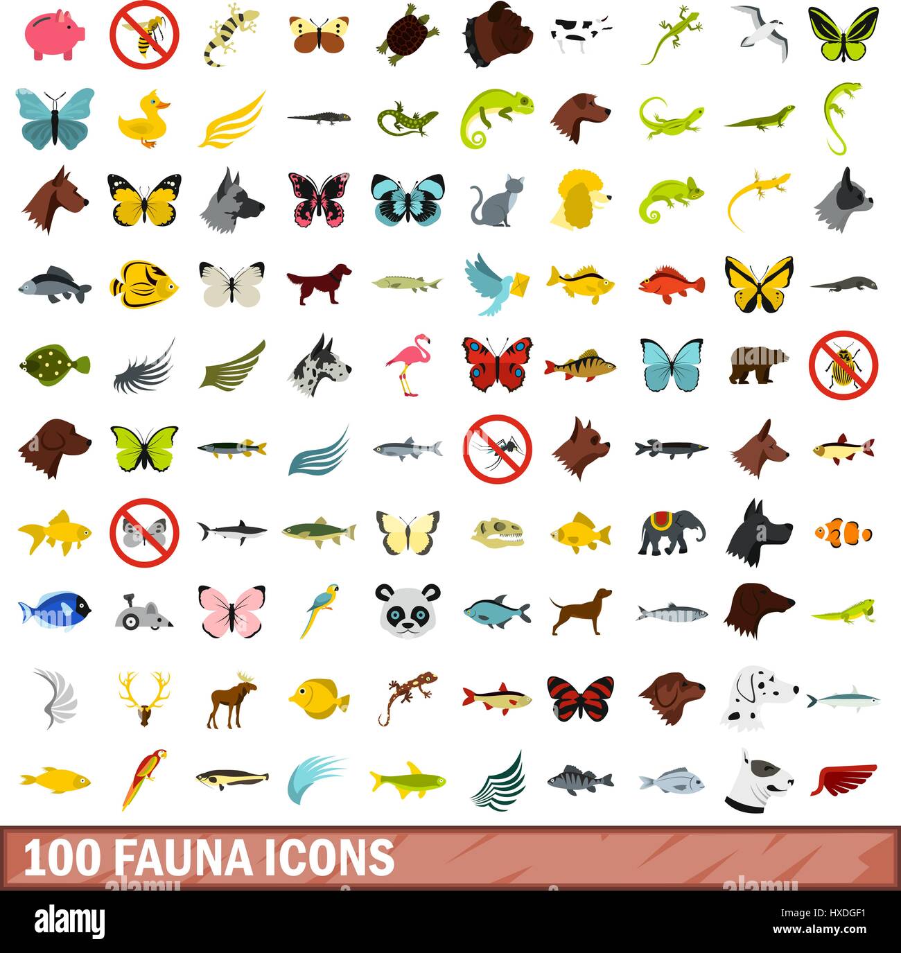 La faune 100 icons set, style plat Illustration de Vecteur