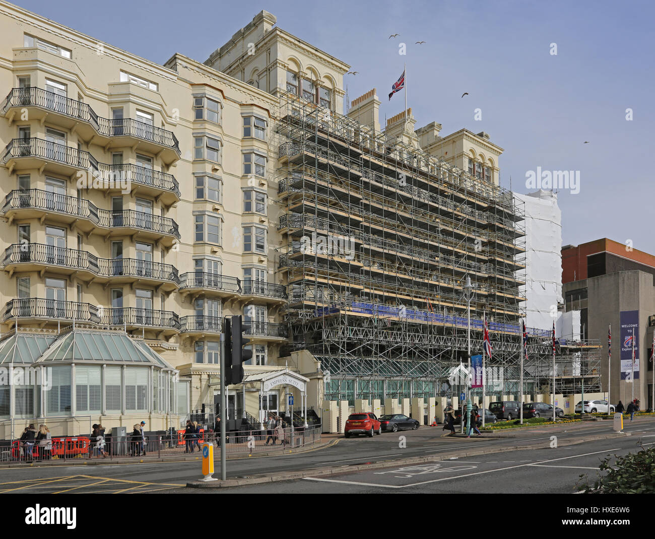 Grand Hotel Brighton, enveloppé dans un échafaudage au cours de travaux de rénovation, Mars 2017 Banque D'Images