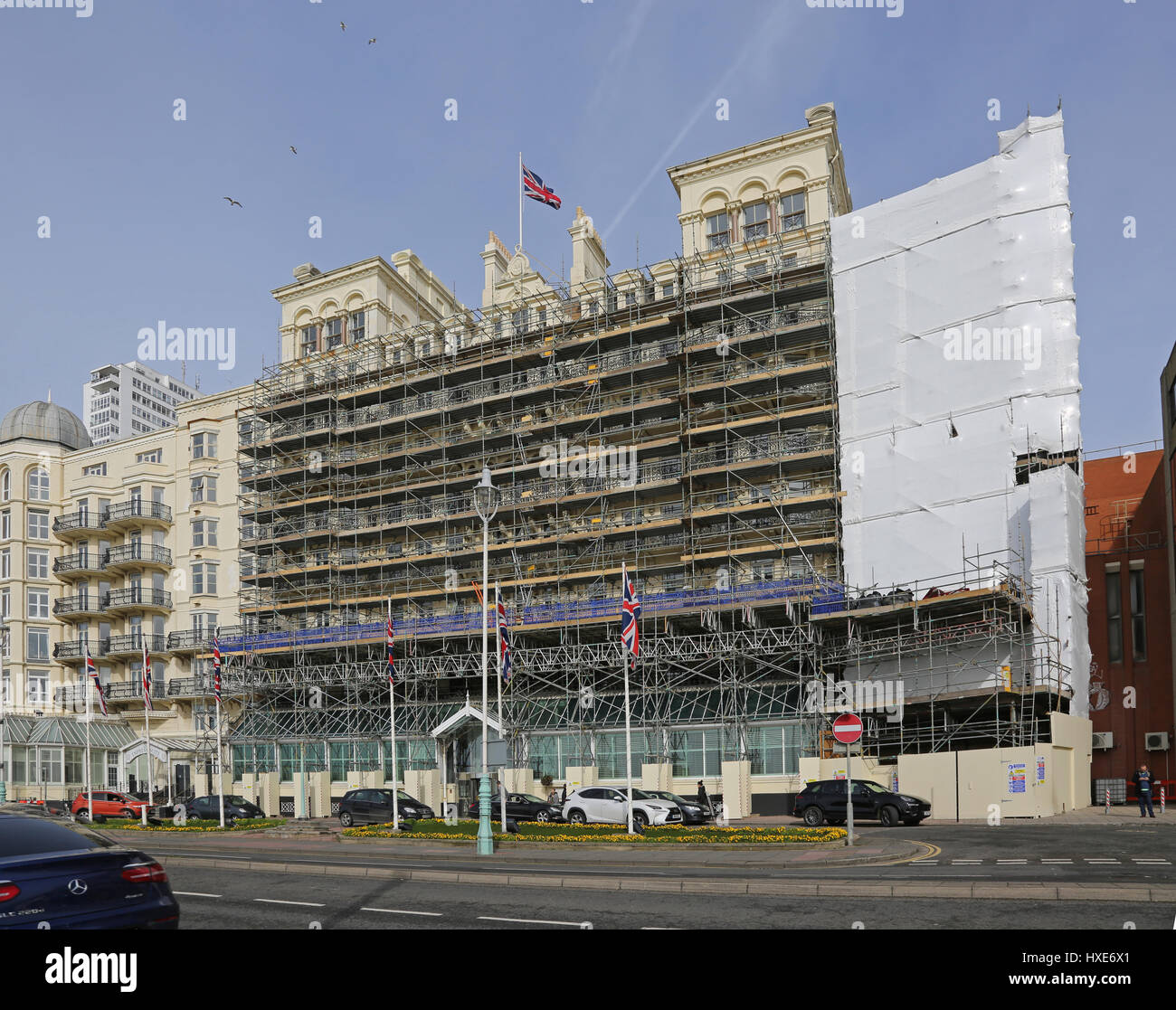 Grand Hotel Brighton, enveloppé dans un échafaudage au cours de travaux de rénovation, Mars 2017 Banque D'Images