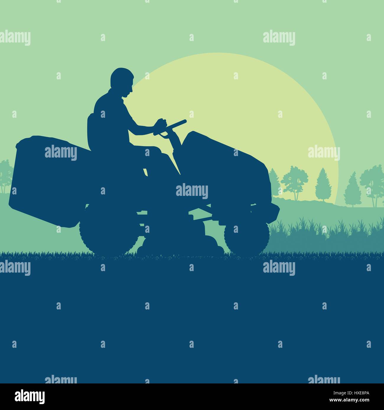 Jardinier tondeuse tractor cutting grass vector paysage en arrière-plan Illustration de Vecteur