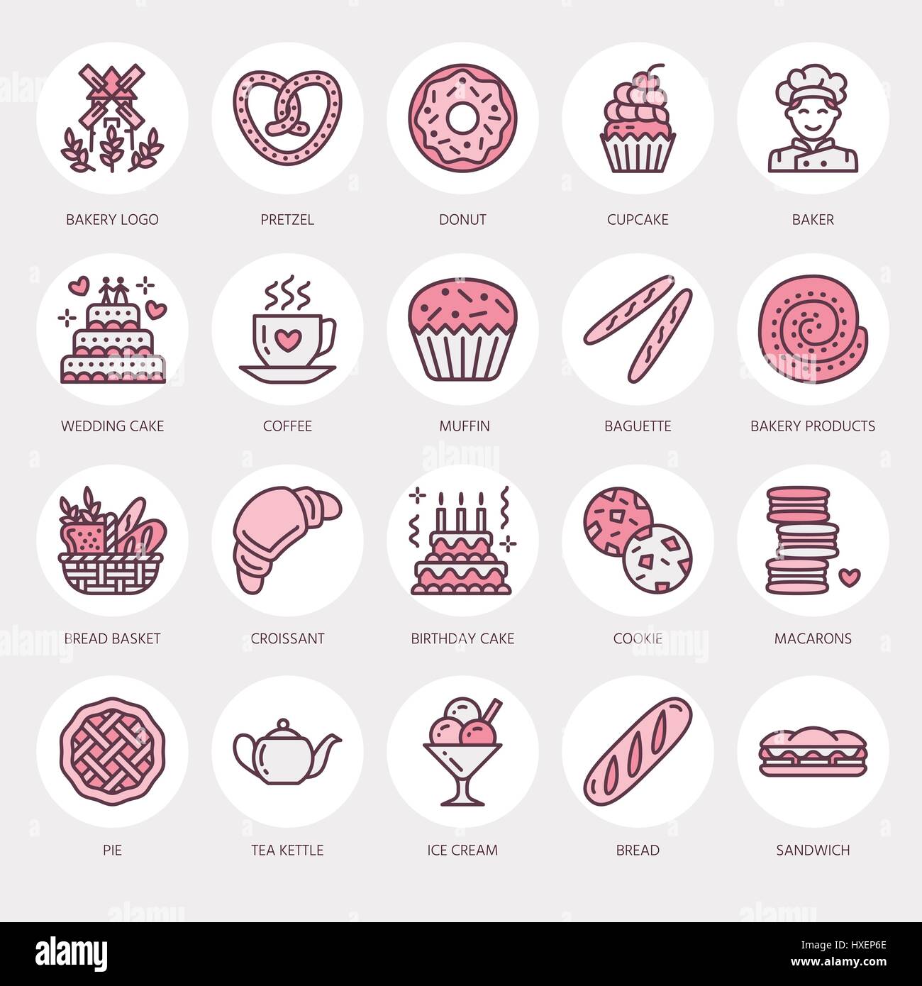 Boulangerie, Confiserie ligne d'icônes. Sweet Shop - produit des gâteaux, croissants, muffins, pâtisserie, Tarte fine Food cupcake, signes linéaires Illustration de Vecteur