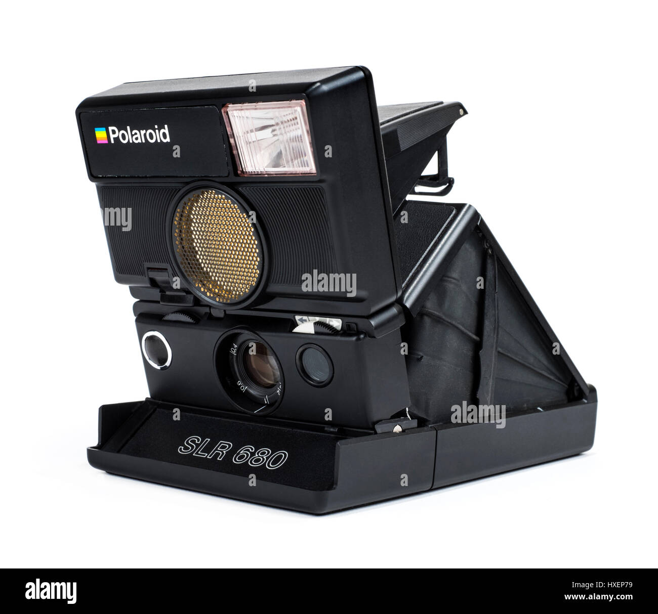 Vintage des années 1980 SLR Polaroid 680 instant film appareil pliant avec Sonar révolutionnaire système autofocus et flash intégré auto-basculant Banque D'Images