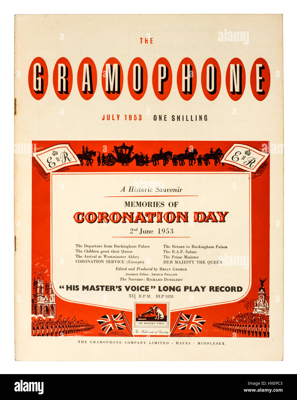 La voix de son maître (HMV) annonce à la juillet 1953 Couverture de 'The Gramophone" pour l'enregistrement officiel du couronnement de la reine Elizabeth II. Banque D'Images