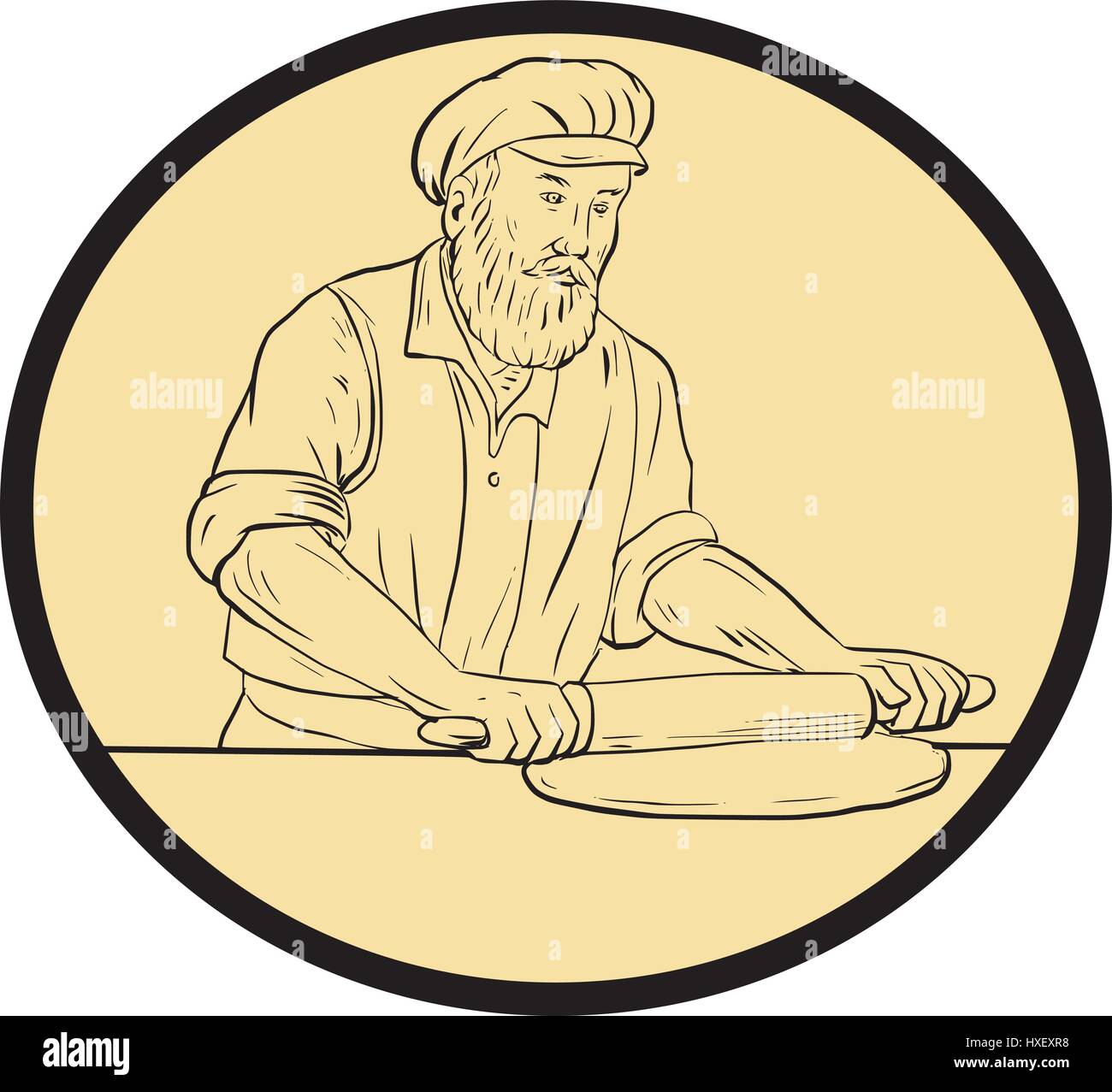 Croquis dessin illustration style de chef cuisinier d'un boulanger à l'époque médiévale holding rouleau à pâte sur le matériel roulant vue de l'avant ensemble à l'intérieur de la forme ovale Illustration de Vecteur