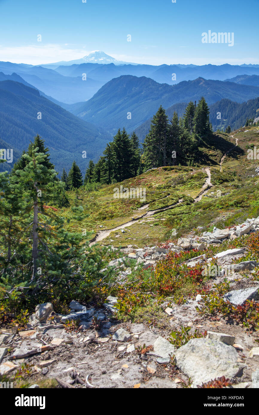 Randonnées sentier mène au sud à partir de la selle et le Pinnacle Tatoosh Range à Mont Adams' pic volcanique Banque D'Images