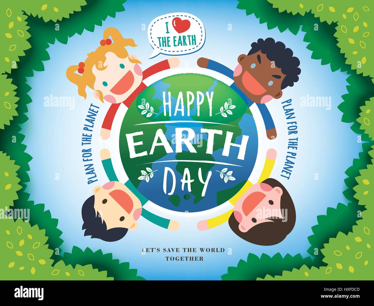 Le jour de la terre illustration avec quatre enfants entourant une masse, feuilles et fond bleu clair Illustration de Vecteur