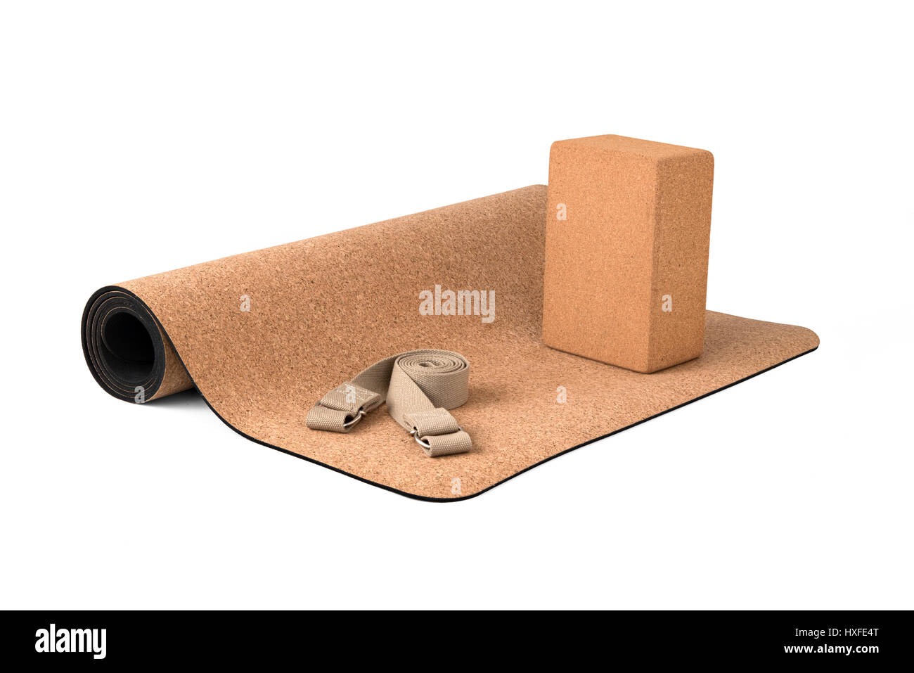 Premium Eco Friendly, Tapis de Yoga en liège avec sangle, produit sur fond blanc Banque D'Images