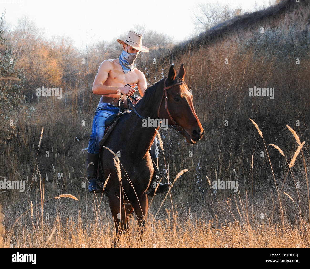 Cowboy à cheval devant un dimanche en été Banque D'Images