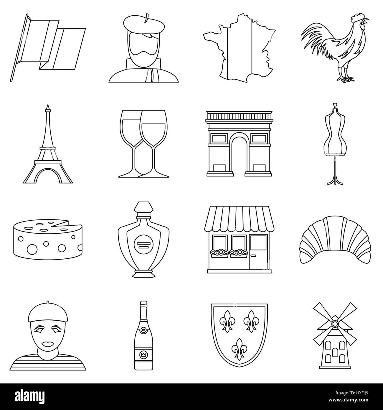 France travel icons set style du contour, Illustration de Vecteur