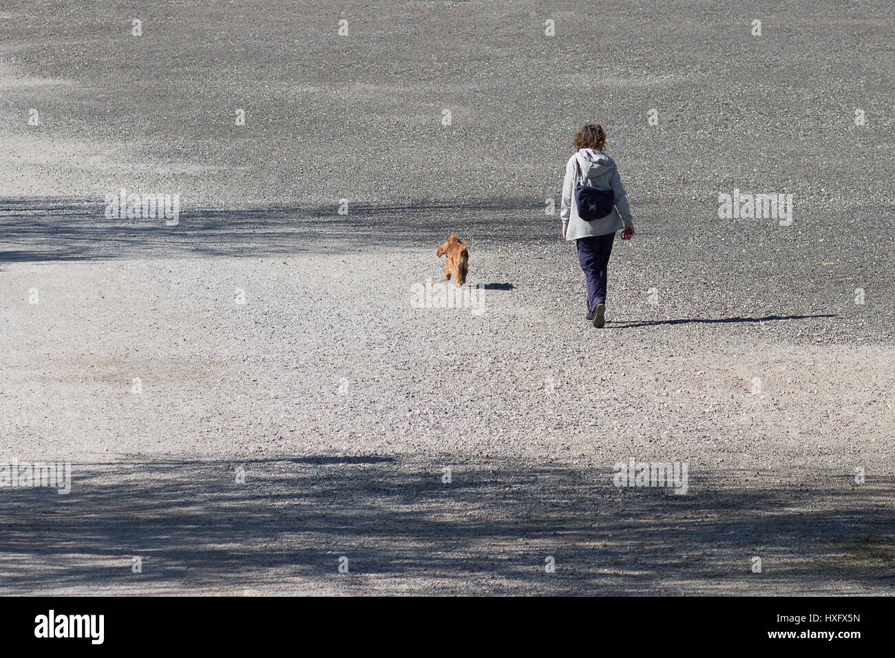 Femme et son chien marcher sur un sentier de gravier dans un grand parc Banque D'Images