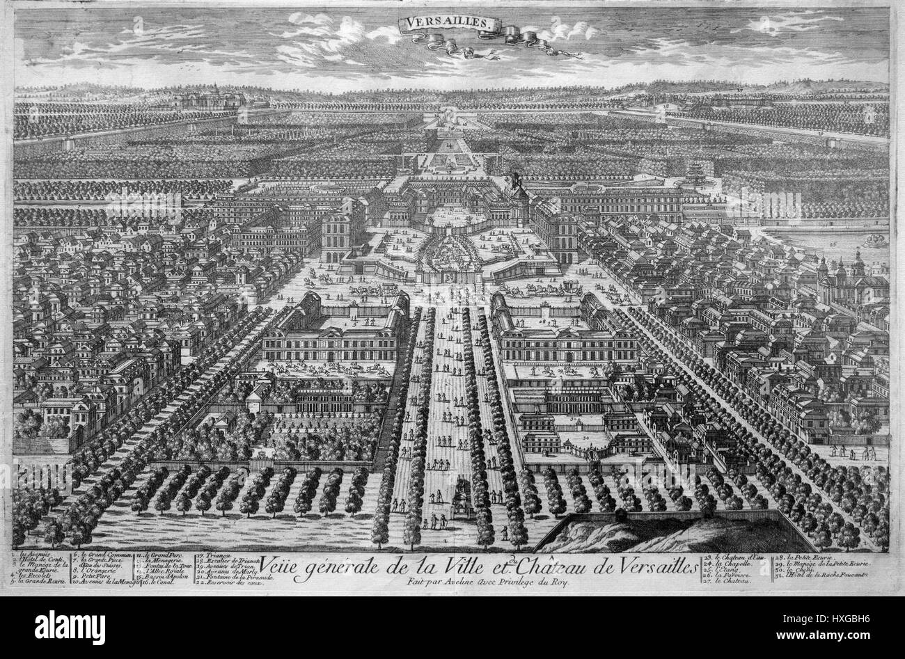 Versailles - la ville et le palais, France ca. 1700 Eau-forte et gravure sur cuivre. Banque D'Images