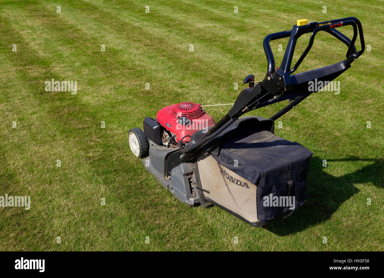 Tondeuse Honda nouvellement tondu la pelouse à rayures sur Banque D'Images