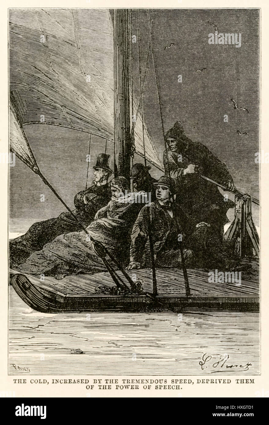 "Le froid, par la vitesse énorme, les ont privés de l'usage de la parole." à partir de 'autour du monde en quatre-vingts jours de Jules Verne (1828-1905) publié en 1873, illustration par Léon Benet (1839-1917) et la gravure par Adolphe François Pannemaker (1822-1900). Banque D'Images