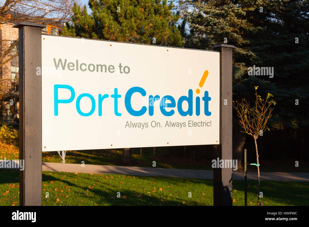 Une bienvenue à Port Credit signer à Port Credit, Mississauga, Ontario, Canada. Banque D'Images