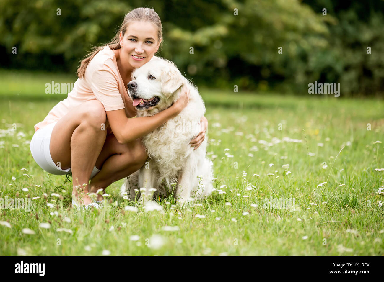Femme jouant avec Retriever dog comme des amis en été Banque D'Images