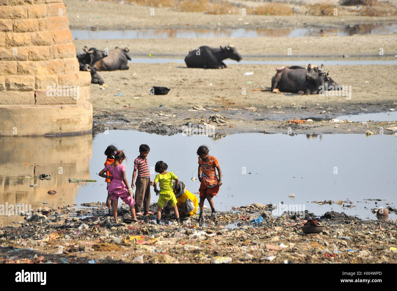 La récupération des enfants à travers les ordures jetées depuis pont de chemin de fer traversant la rivière Yamuna, Agra Banque D'Images