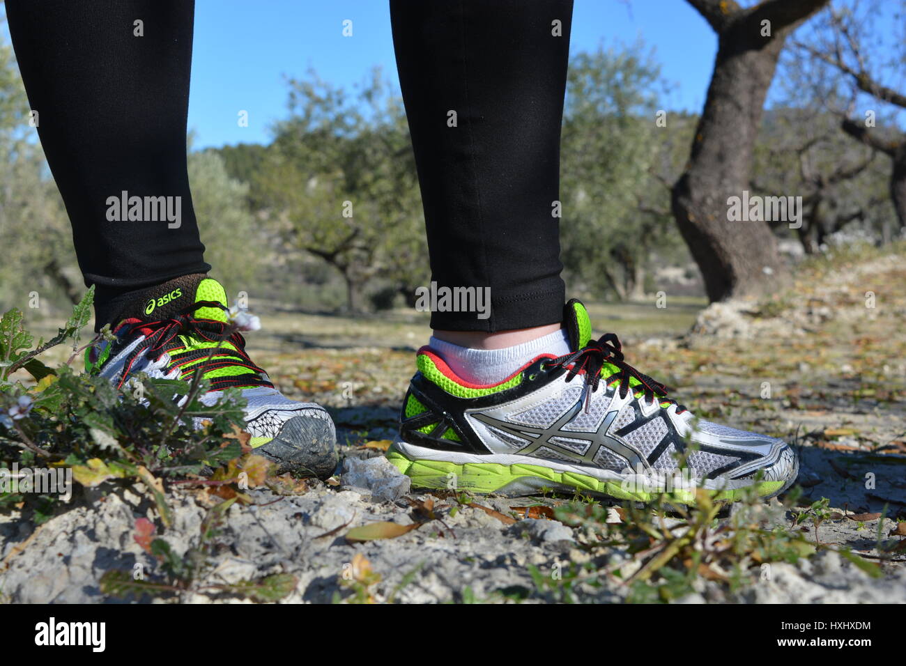 Close up de la plante des pieds en formateurs, low angle view, dans la campagne. Repos pendant la course. Banque D'Images
