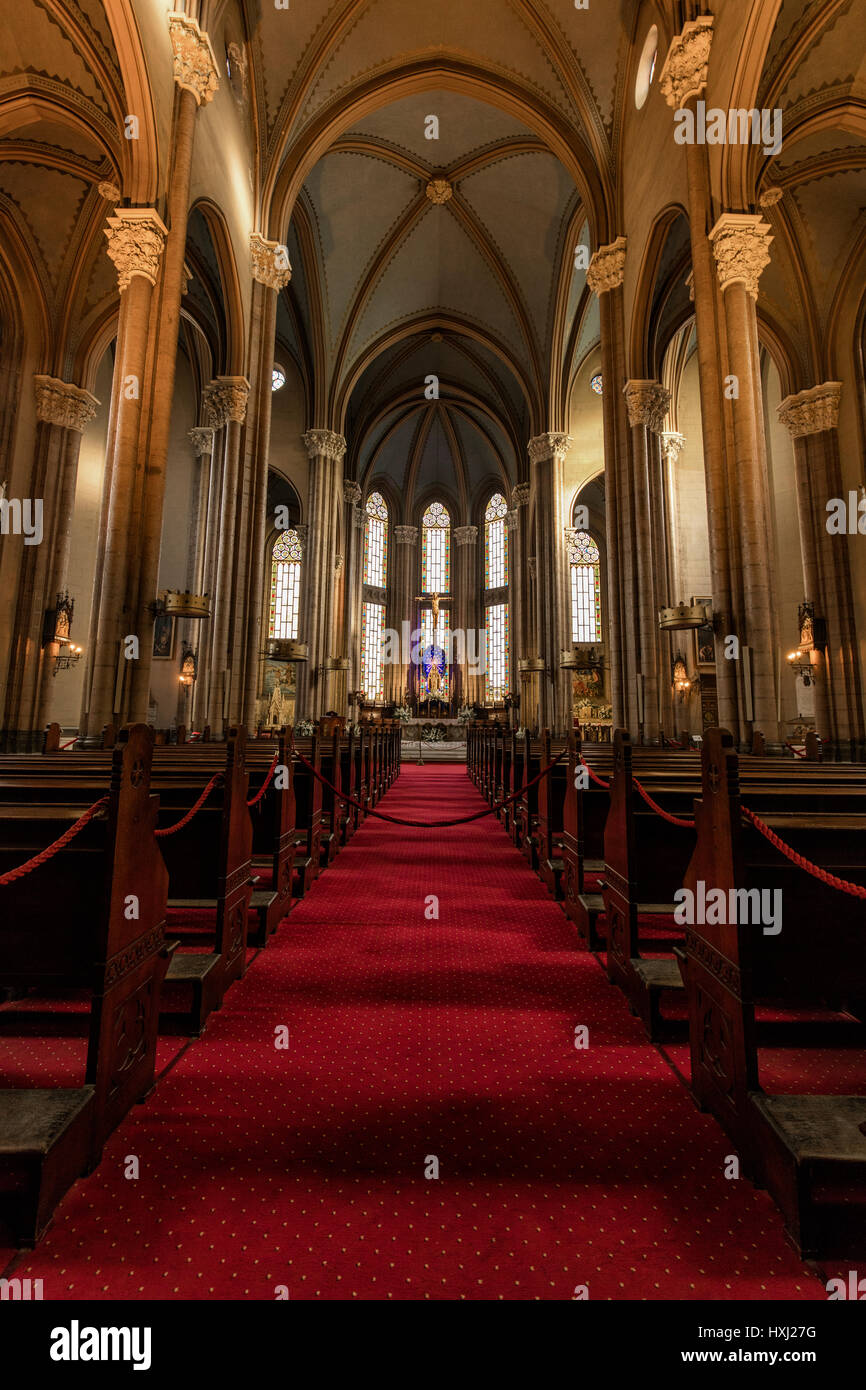 Intérieur de l'église avec bancs et tapis rouge à Istanbul Turquie Banque D'Images
