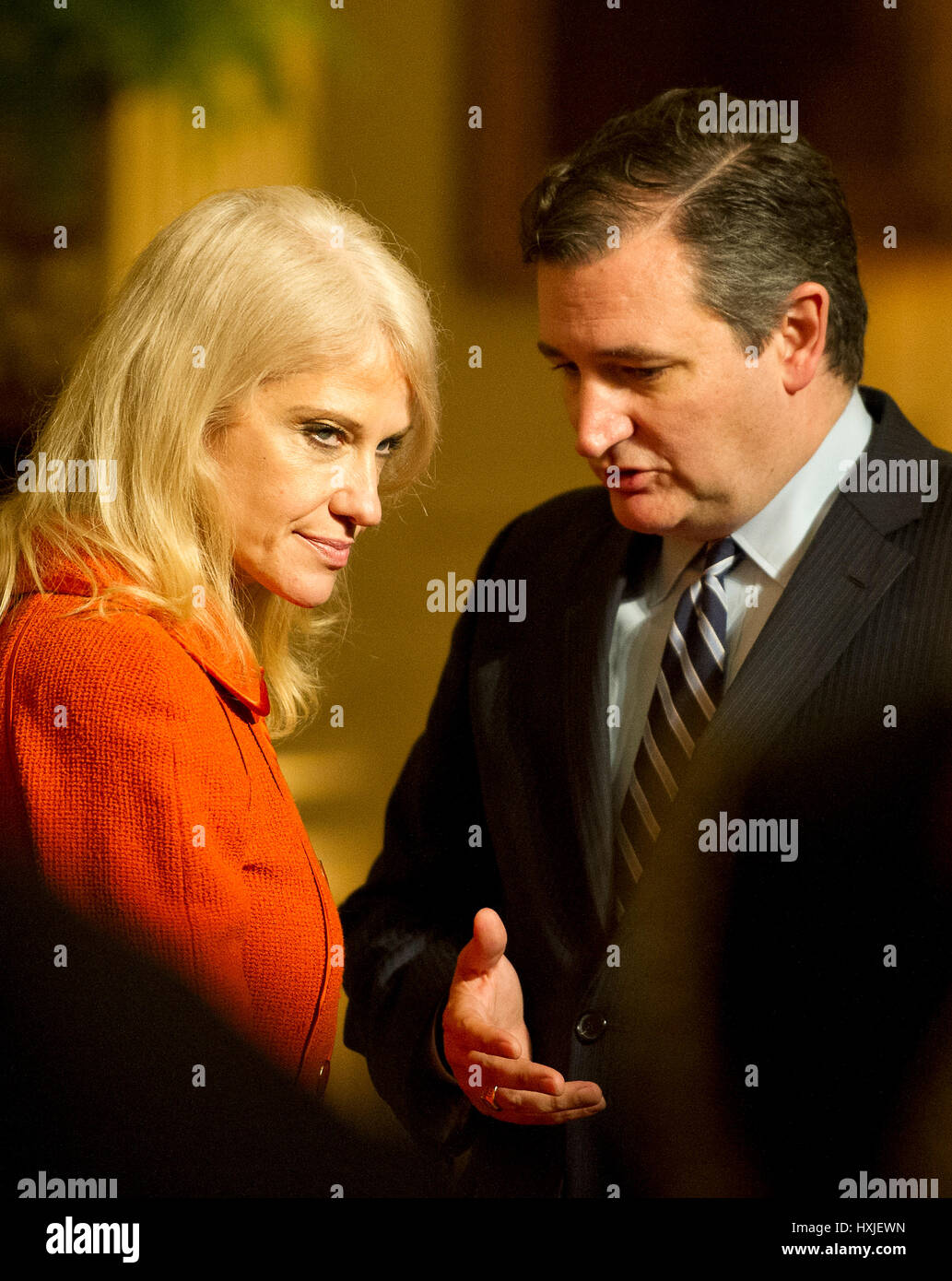 Washington, Us. Mar 28, 2017. Le sénateur américain Ted Cruz (républicain du Texas), droit et conseiller du président Kellyanne Conway, gauche, engager la conversation avant l'arrivée du président des États-Unis Donald J. Trump lors d'une réception pour nous sénateurs et leurs conjoints dans l'East Room de la Maison Blanche à Washington, DC le Mardi, Mars 28, 2017. Credit : Ron Sachs/Piscine via CNP - AUCUN FIL SERVICE - Photo : Ron Sachs/consolidé Nouvelles Photos/Ron Sachs - Piscine via CNP/dpa/Alamy Live News Banque D'Images