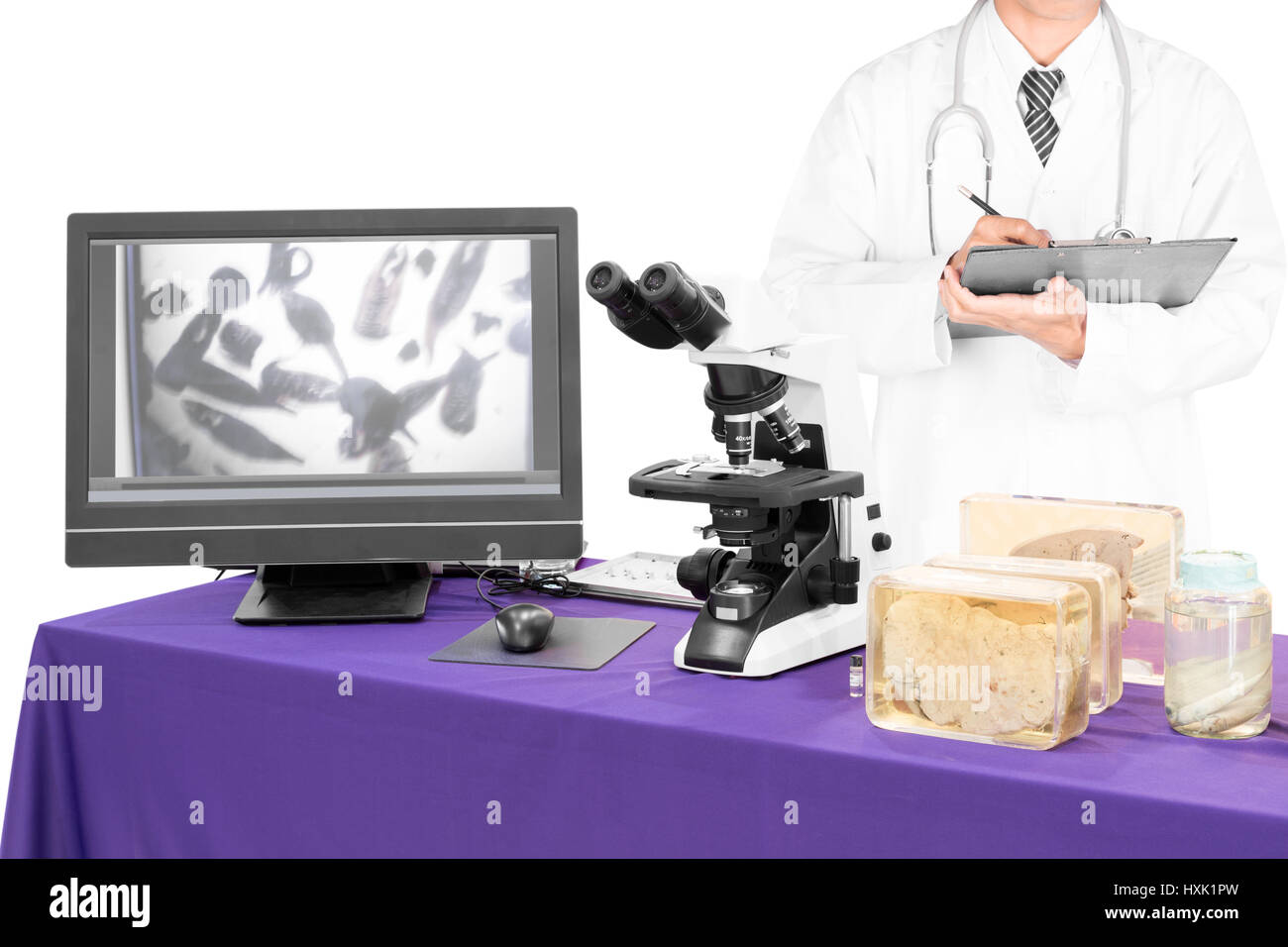 Microscope moderne avec un médecin de la douve du foie Banque D'Images