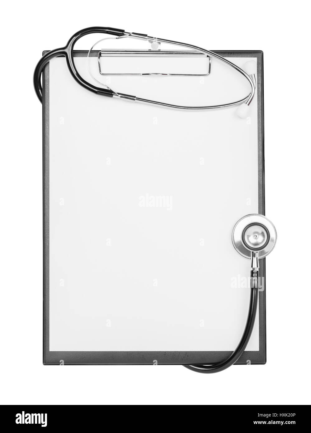 Presse-papiers vierges avec stéthoscope isolé sur fond blanc avec clipping path Banque D'Images