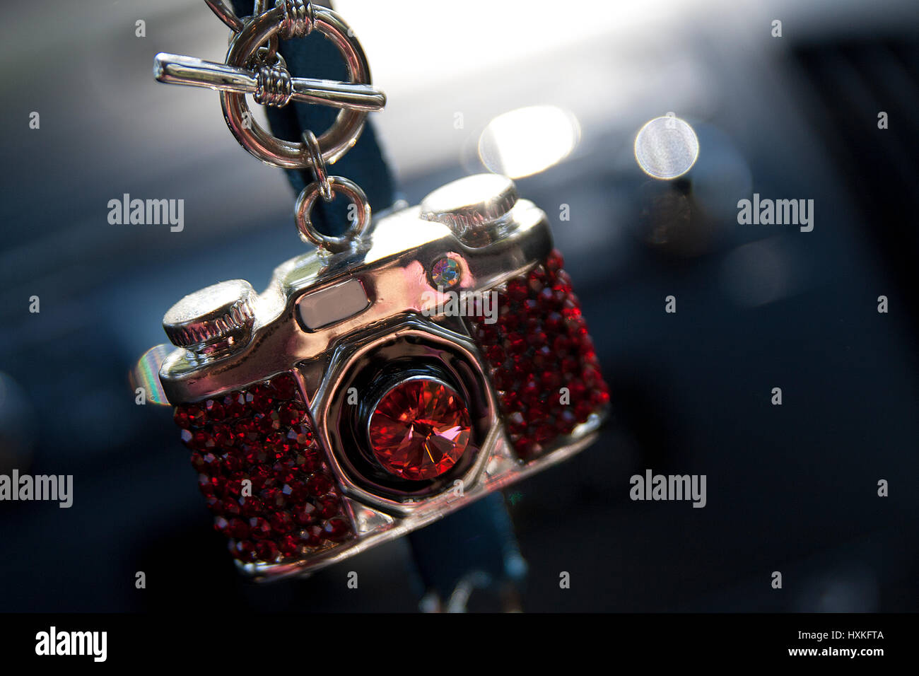 Mini caméra avec collier de pierres rouges. Banque D'Images
